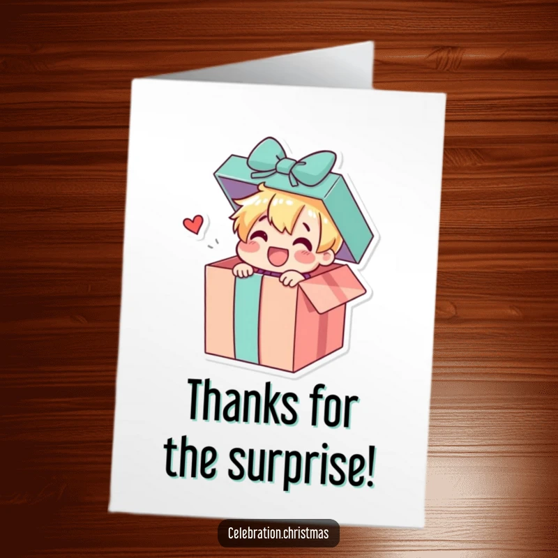 Funny Free Printable Gift Box Thank You Card: A gift box character opens with delight, offering a surprise thank you note.