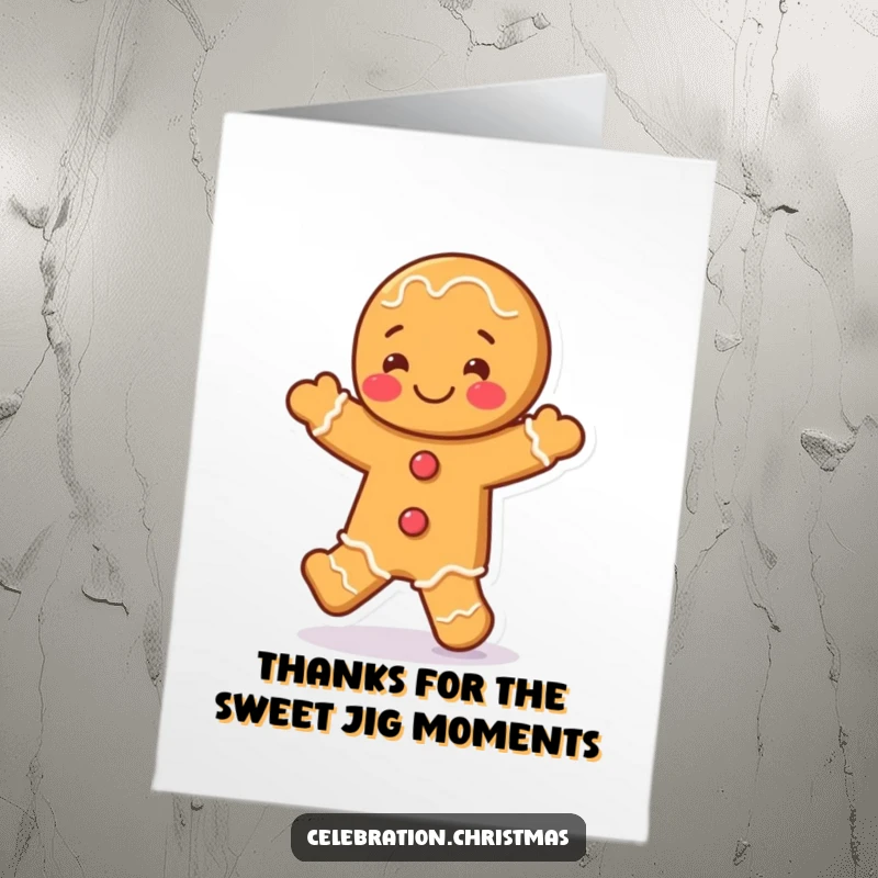 Funny Free Printable Thank You Card: A groovy gingerbread man jigging to show appreciation and spread downloadability.