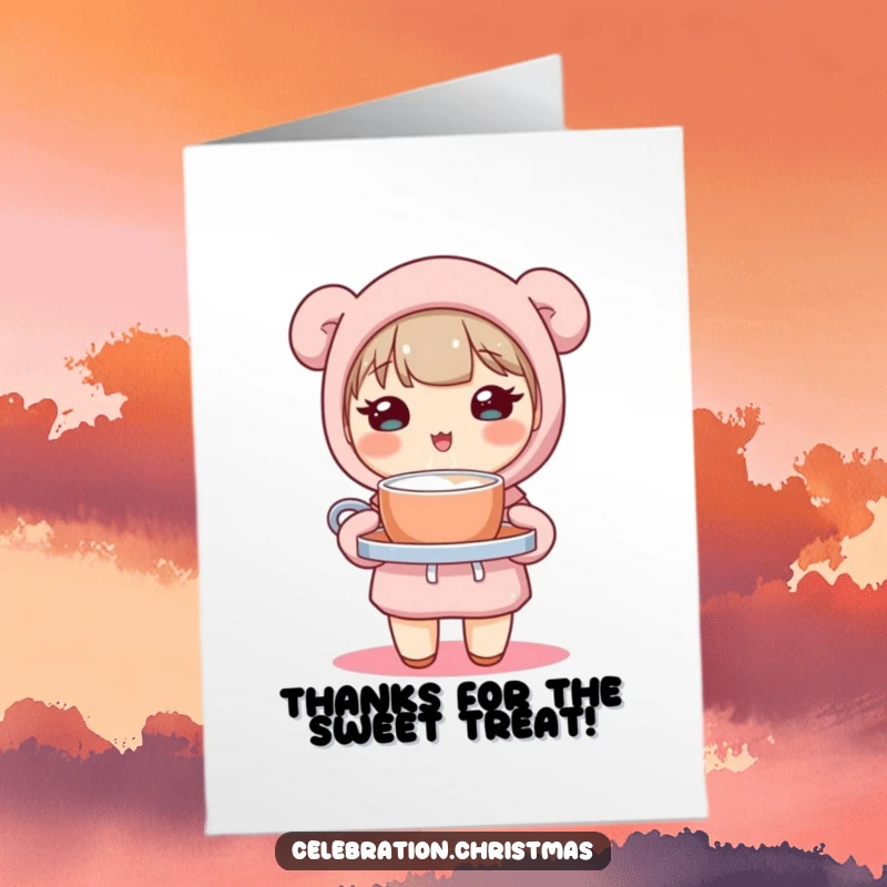 Free Printable Kawaii Cocoa Thank You Card: Cute character smiling, holding hot cocoa to say thanks.