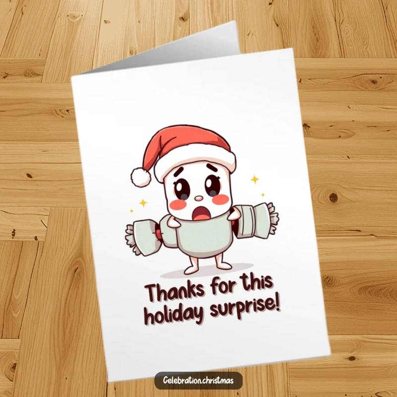 Funny Free Printable Thank You Card: A Christmas cracker character surprised as it pulls itself apart with a pop.