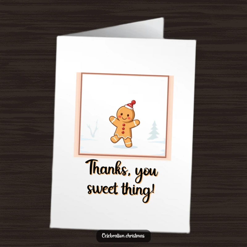 Funny Free Printable Gingerbread Thank You Card: A cookie performing a jig on a frosty window, saying thanks.
