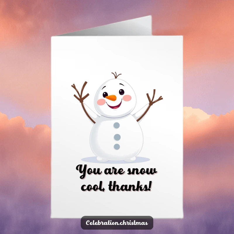 Funny Free Printable Thank You Card showcasing a jolly snowman with twig arms waving, conveying thanks with humor.