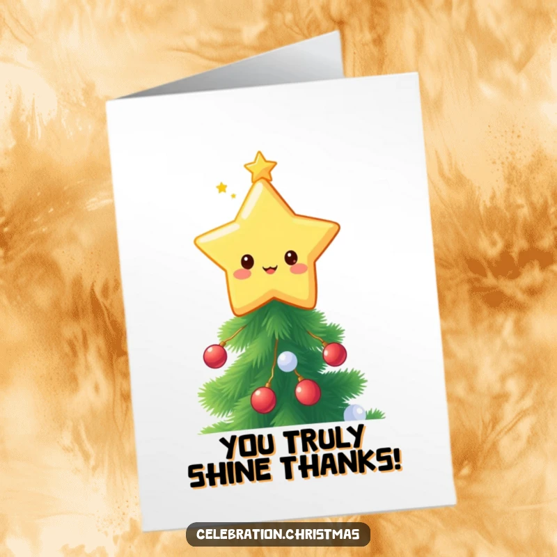 Funny Free Printable Thank You Card: A kawaii star topper character twinkling brightly on a festive tree.