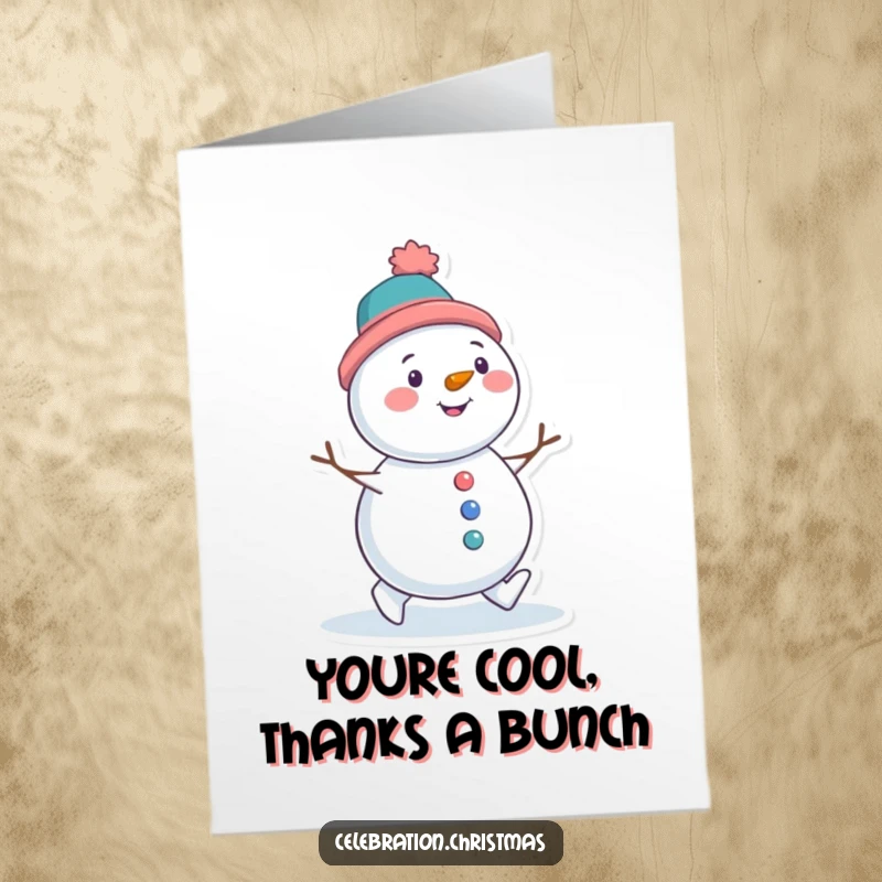 Funny Free Printable Thank You Card: A snowman with a tilted hat, waddling with delight, cartoon, perfect downloadable gift.