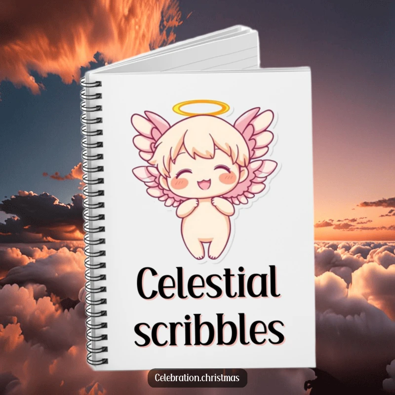 Funny Angel Notebook with joyfully flapping wings, ideal for capturing thoughts with heavenly inspiration and humor.