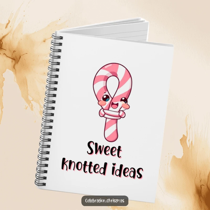 Funny candy cane notebook, showing a cheerful candy cane comically trying to tie itself into a knot, perfect for notes and doodles.