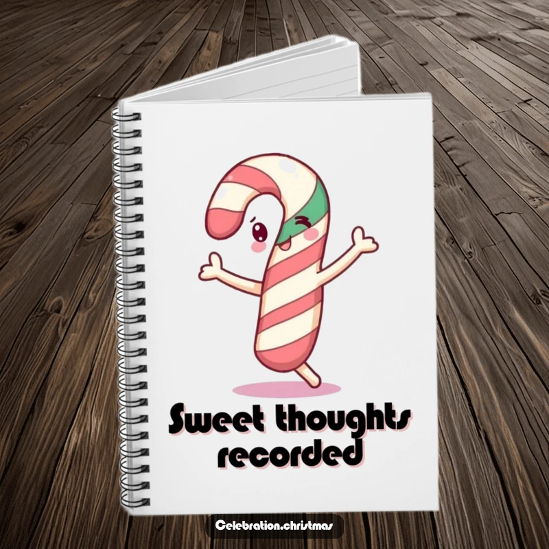 Funny cheerful candy cane notebook doing a little dance, ideal for journaling and a funny gift.