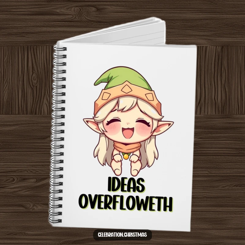 Funny notebook with an elf hat character giggling uncontrollably, perfect for jotting down notes or creative ideas with humor.