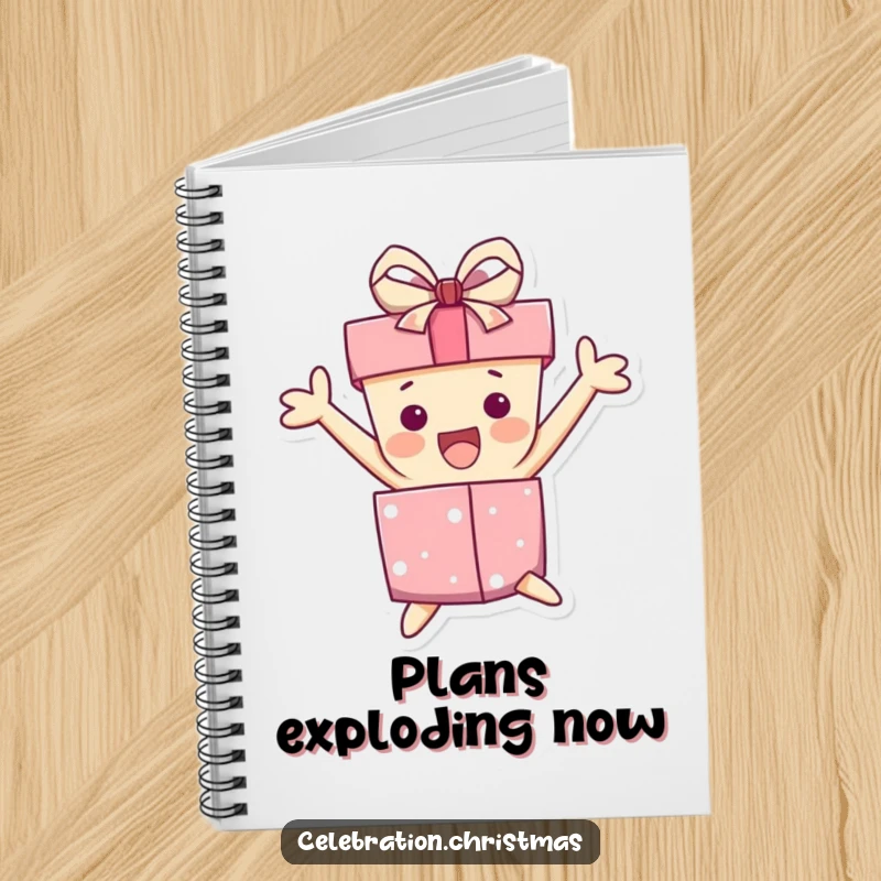 Funny notebook featuring a gift box character leaping with excitement, its ribbon askew, ideal for jotting down ideas and plans.