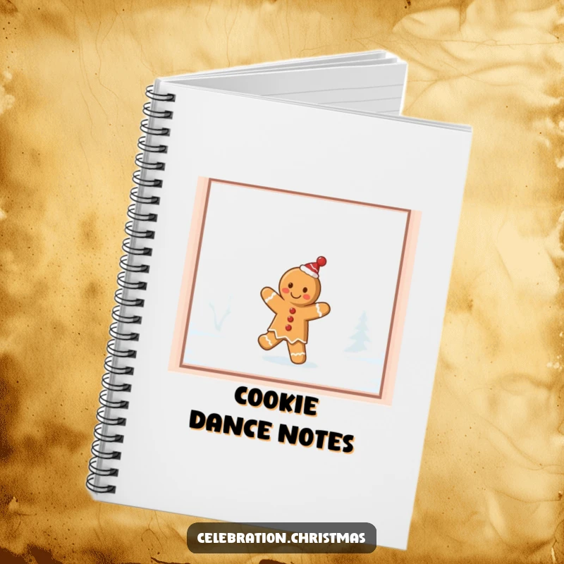 Funny gingerbread cookie notebook, showing a cookie doing a jig on a frosty windowpane, perfect for notes and recipes.