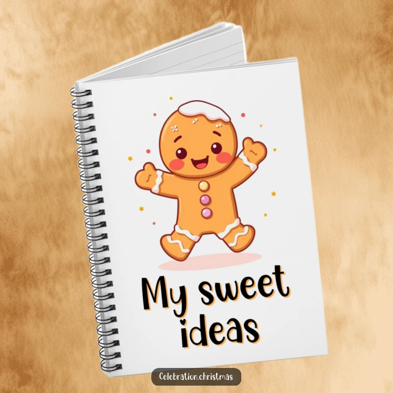 Funny gingerbread man notebook with a cute character doing a joyful jig, perfect for jotting down notes with a side of holiday fun.