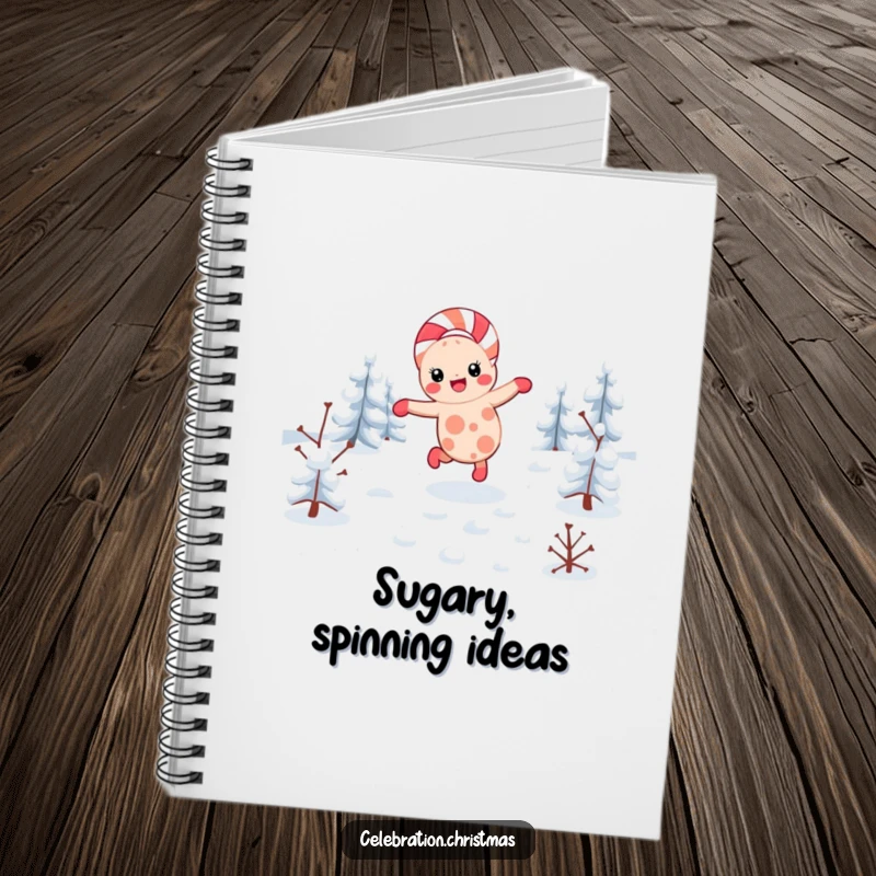 Funny kawaii candy cane notebook featuring a character cartwheeling through snow, perfect for jotting down festive ideas.