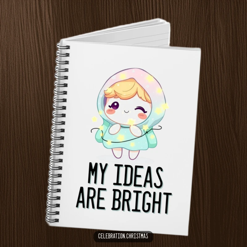 Funny Kawaii Character Notebook: A cute character beams with delight, adorned with twinkling fairy lights, for joyful note-taking.