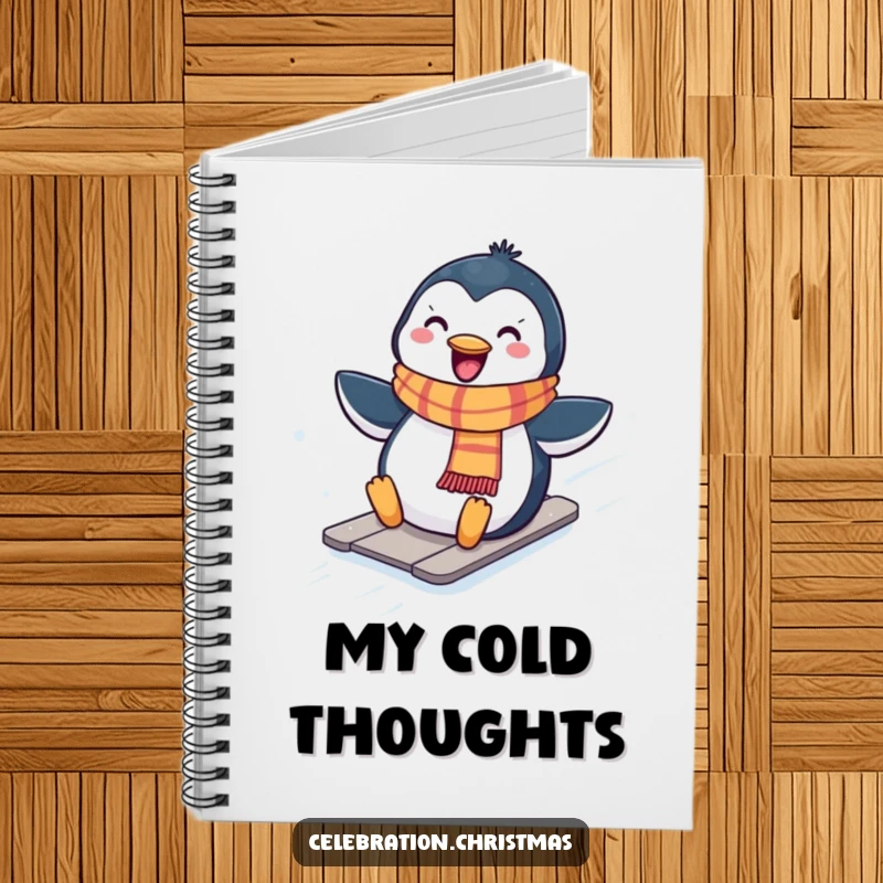 Funny Kawaii penguin notebook with a cute penguin in a scarf sliding down a snowy hill, great for notes.
