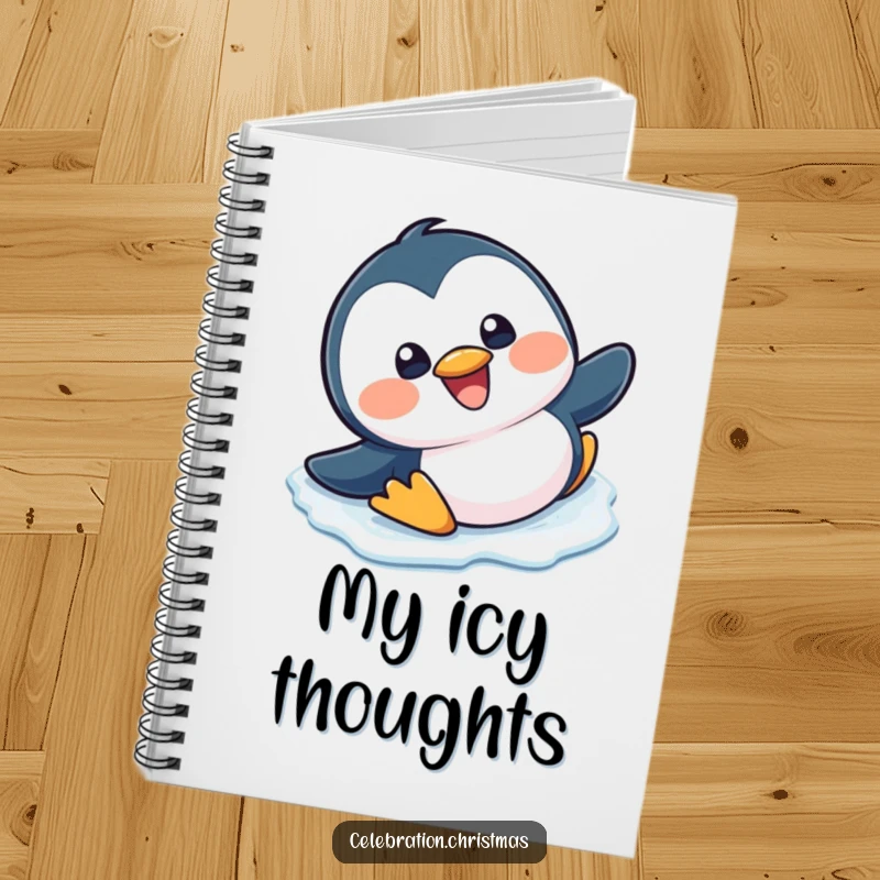 Funny, happy kawaii penguin slipping and sliding on ice with a big grin on a notebook.
