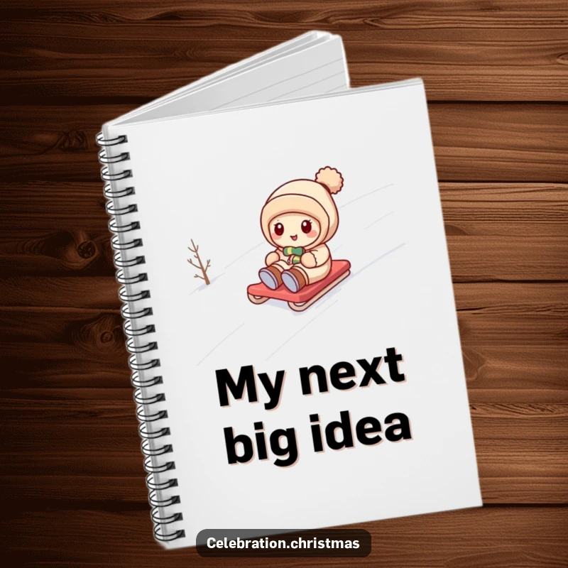 Funny kawaii character sledding down a snowy hill on the cover of a humorous and practical notebook.