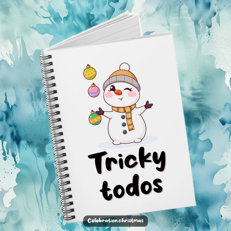 Funny kawaii snowman winking mischievously, juggling colorful Christmas ornaments on a notebook, perfect for writing.