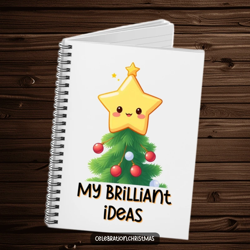 Funny kawaii star topper notebook, a cute star character twinkling on a festive tree, perfect for jotting down notes.