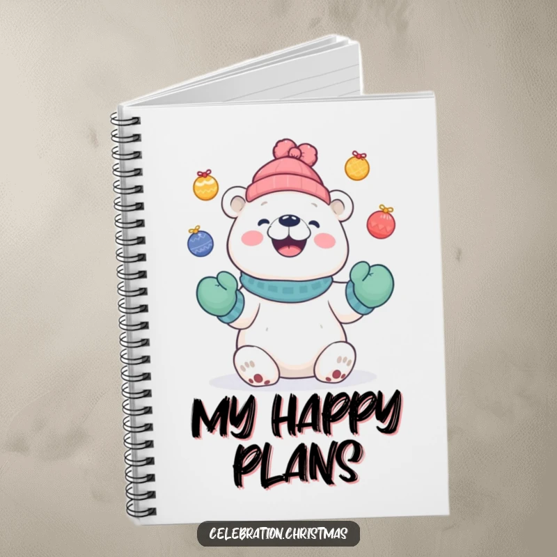 Funny Cute polar bear notebook with a bear in mittens juggling colourful baubles with a happy grin, great for notes.