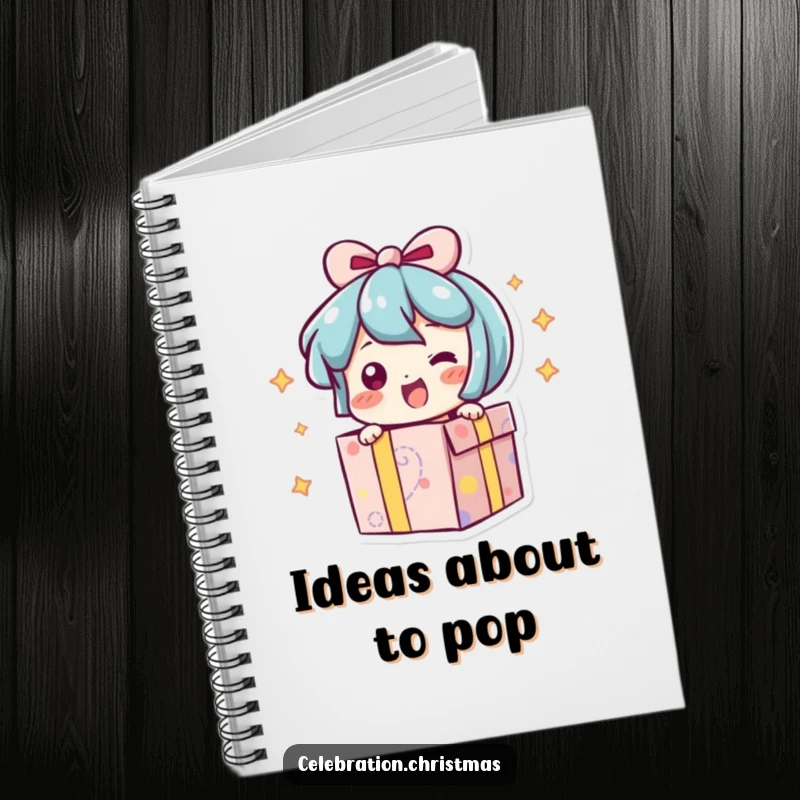 Funny notebook featuring a present character bursting open with an excited wiggle, ideal for notes and journaling.