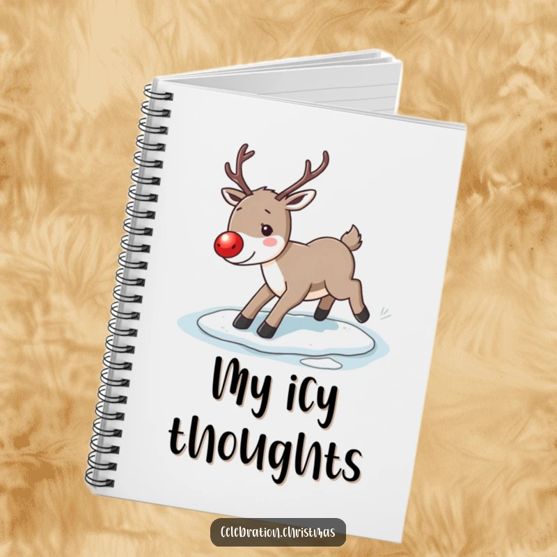 Funny reindeer notebook, showing a reindeer with a glowing red nose slipping comically on ice, perfect for notes and lists.