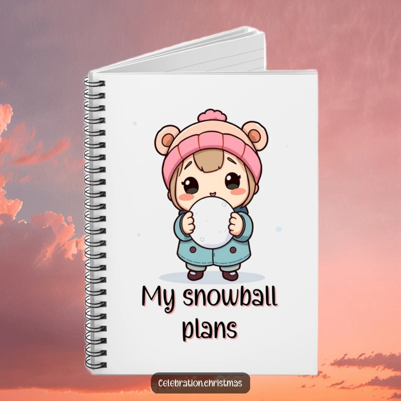Funny notebook featuring a character holding a snowball, ready for a playful throw, perfect for journaling and creative winter thoughts.