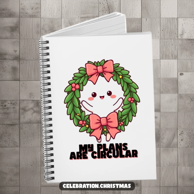 Funny notebook featuring a festive wreath character happily twirling with a bow, ideal for jotting down holiday plans, funny gift.