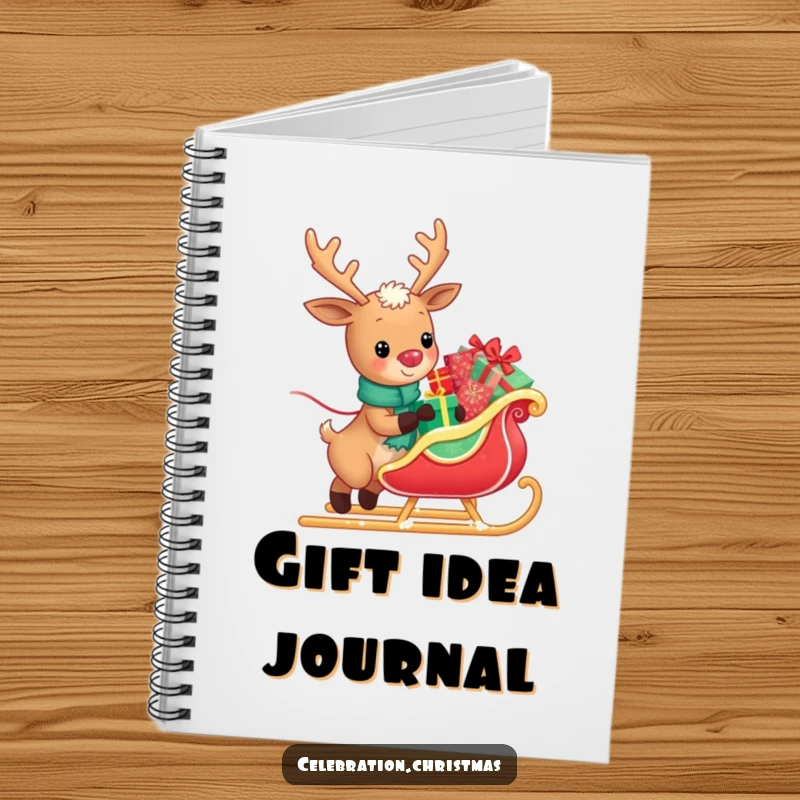 Funny notebook featuring a kawaii reindeer happily pulling a sleigh overflowing with presents, inspiring festive writing and holiday cheer.