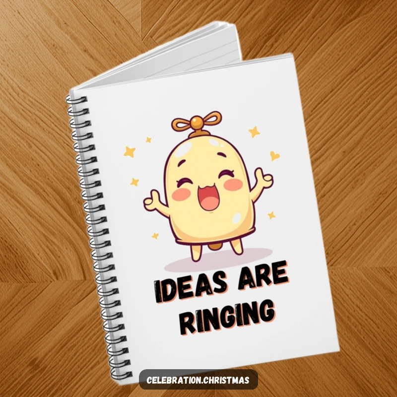 Funny notebook featuring a bell character ringing with enthusiasm, ideal for jotting down cheerful notes and ideas, funny gift.
