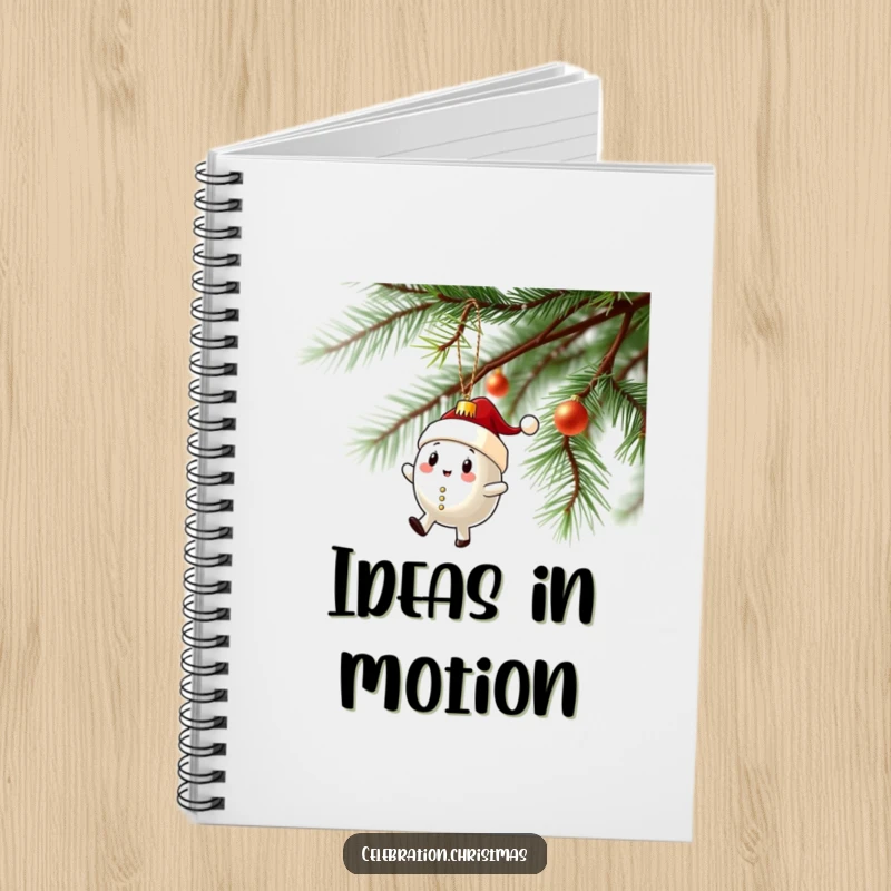Funny notebook featuring a Christmas ornament character in a wobbly spin on a branch, perfect for notes and doodles.