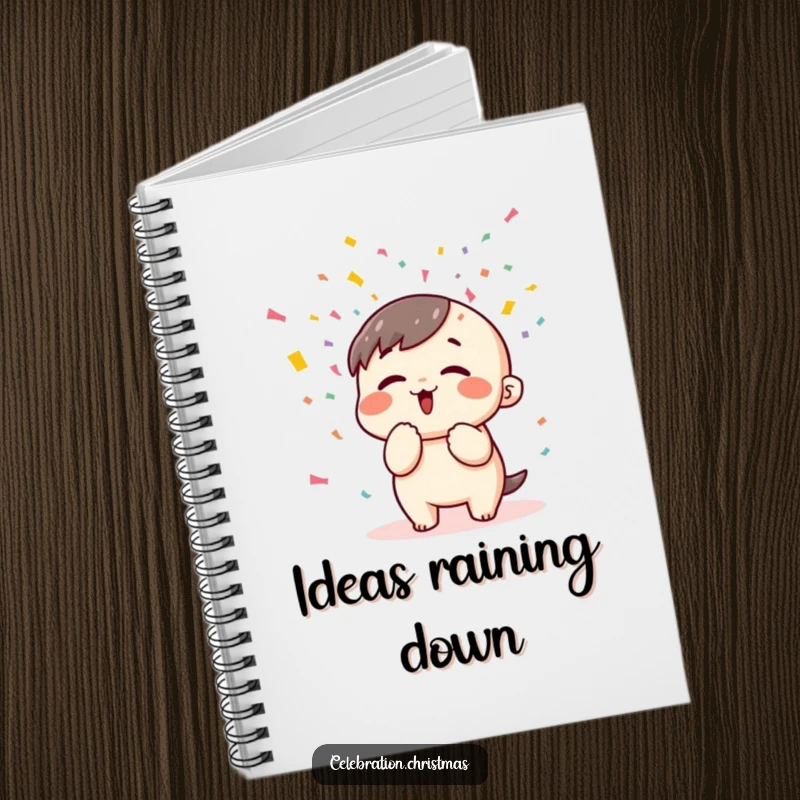 Funny kawaii character blowing colorful confetti into the air on the cover of a humorous and practical notebook.