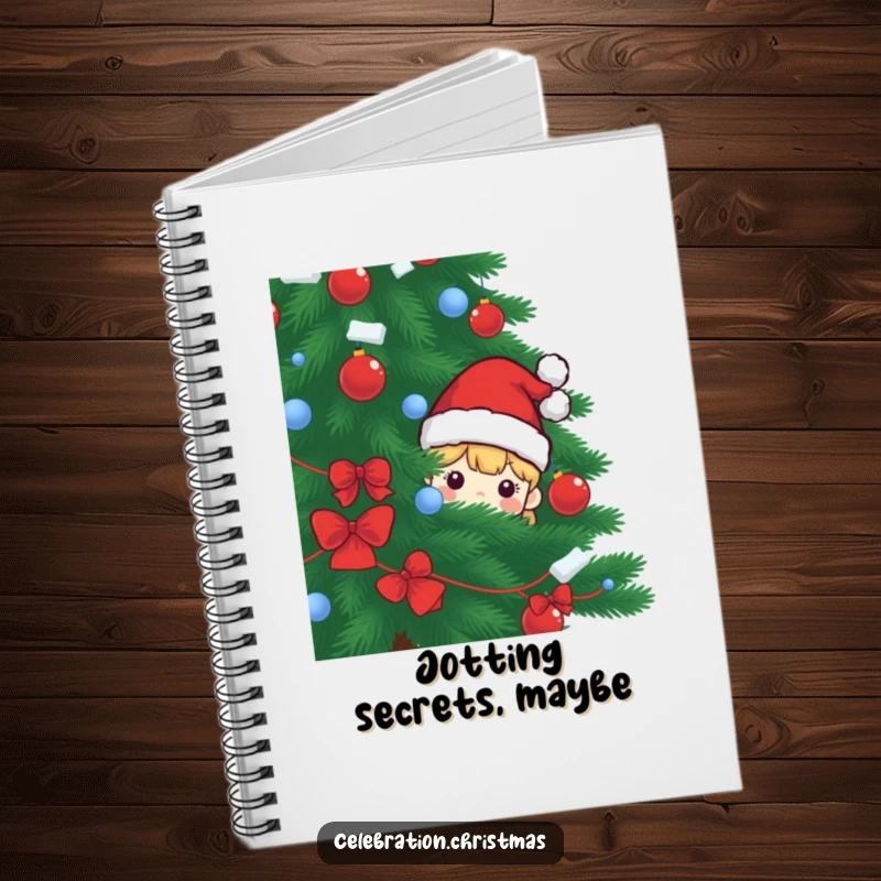 Funny notebook with a Santa hat character peeking from behind a Christmas tree, ideal for notes, journaling, and festive doodling.