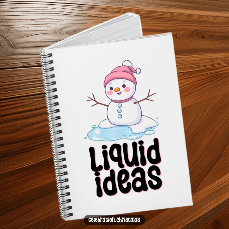 Funny melting snowman notebook featuring a character happily melting into a puddle, perfect for journaling and capturing winter thoughts.
