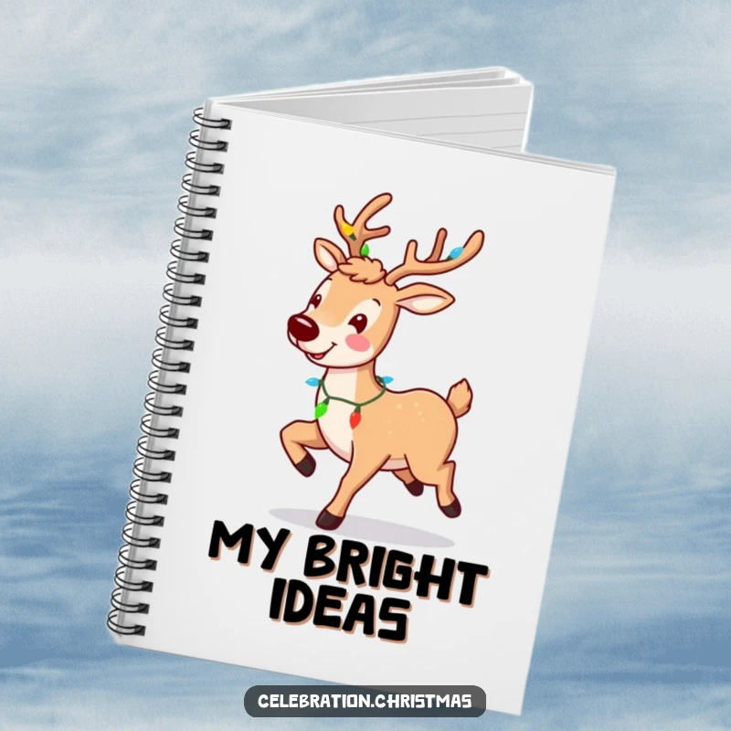 Funny reindeer notebook with a smiling, prancing character and light garland, ideal for notes and holiday cheer.