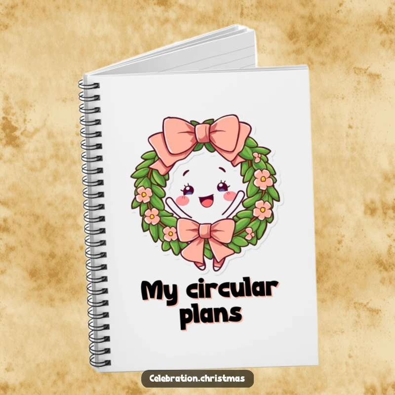 Funny Wreath Notebook featuring a cheerful bow and a joyful twirl, ideal for jotting notes with festive humor.