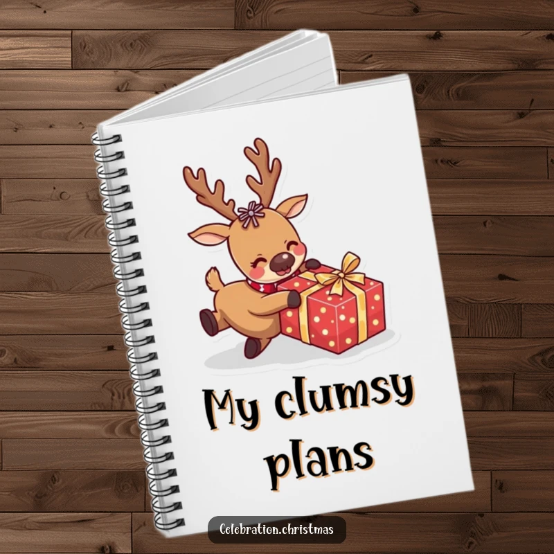 Funny reindeer notebook with a comical character tripping over a wrapped present, great for jotting down notes with holiday humor.