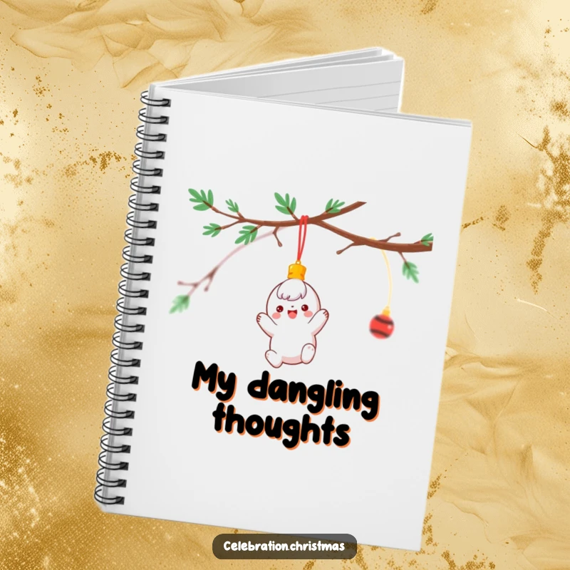 Funny Notebook with a cheerful ornament character happily spinning from a holiday branch, great for journaling festive thoughts.
