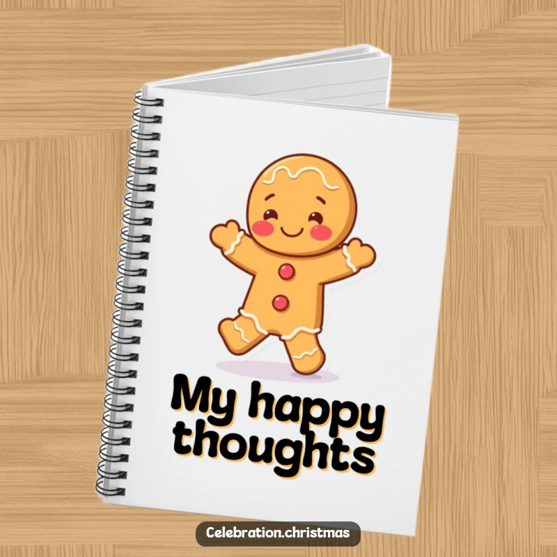 Funny gingerbread man notebook with a character doing a joyful jig, ideal for notes, plans, and creative writing with a smile.