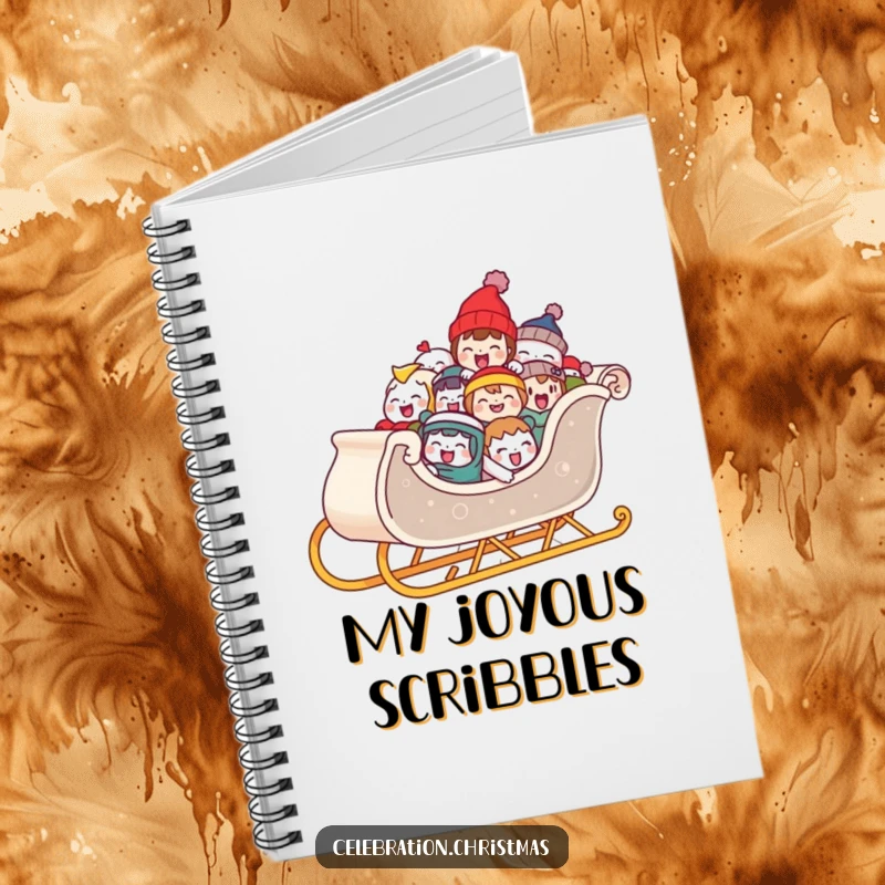 Funny notebook featuring a sleigh piled high with laughing characters, perfect for journaling and creative holiday thoughts.