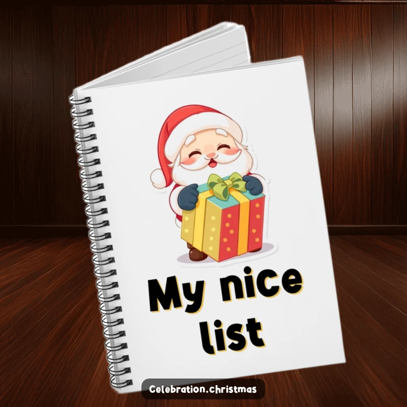 Funny notebook featuring a cute Santa Claus character excitedly unwrapping a gift, inspiring festive note-taking.