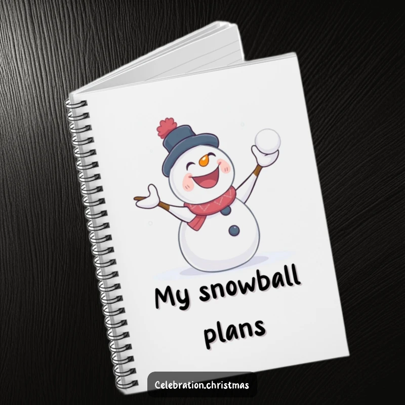 Funny snowman notebook with a character in a happy snowball fight, great for jotting down notes with winter humor.