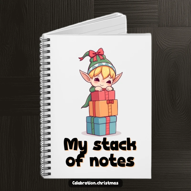 Funny elf notebook with a character trying to balance a tall stack of gifts, great for jotting down notes with holiday humor.