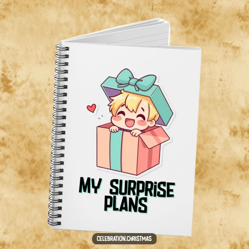 Funny notebook featuring a gift box character joyfully popping open to reveal a surprise, perfect for journaling and creative brainstorming.