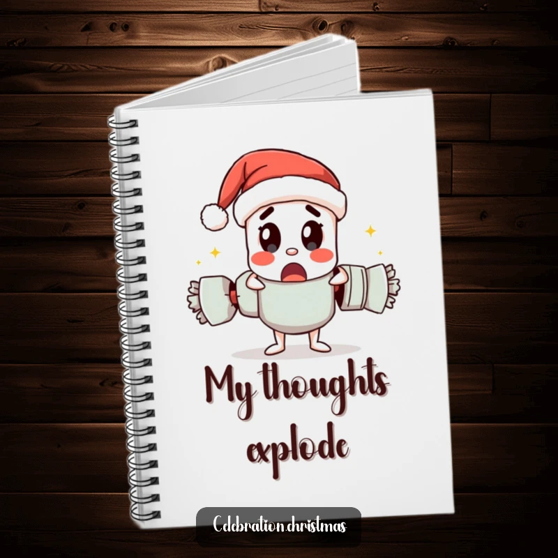 Funny notebook featuring a Christmas cracker character pulling itself apart with a surprised look, ideal for notes.