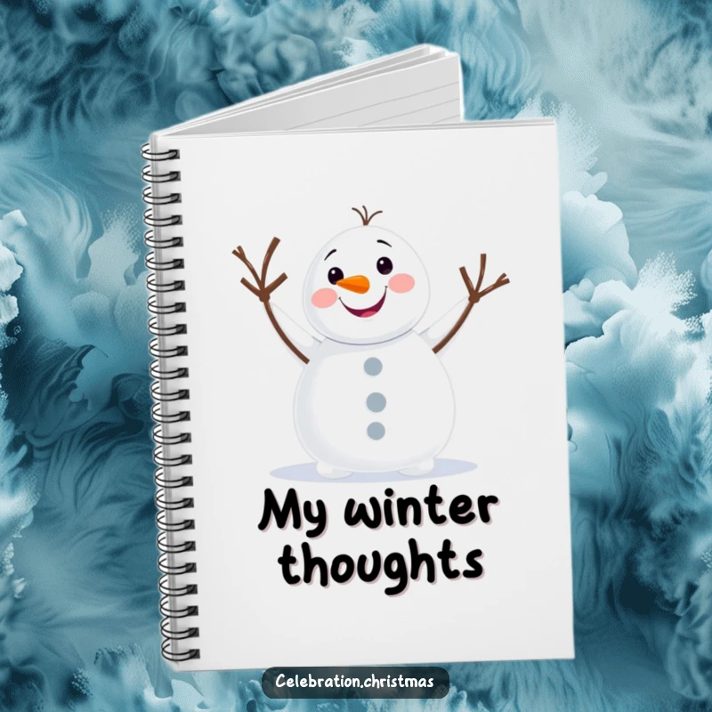 Funny snowman notebook with a happy character waving enthusiastically, ideal for notes and spreading winter joy.
