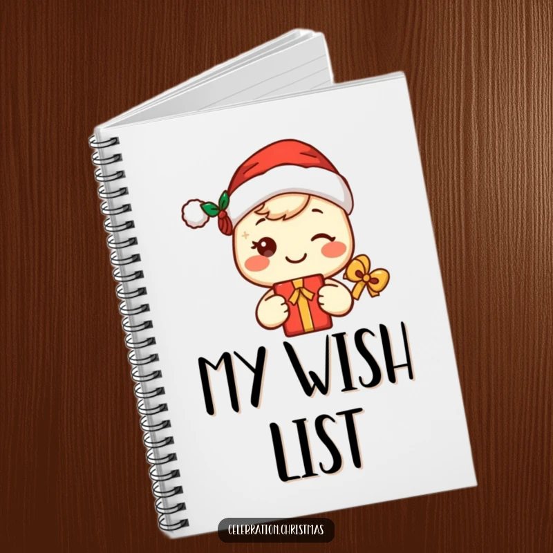 Funny kawaii Santa notebook with a cute, smiling character in a Santa hat holding a gift, perfect for holiday notes.