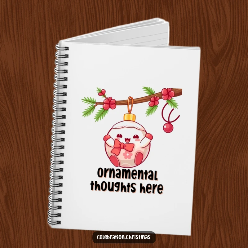 Funny kawaii Christmas ornament notebook featuring a gleeful character swinging, perfect for jotting down festive ideas.