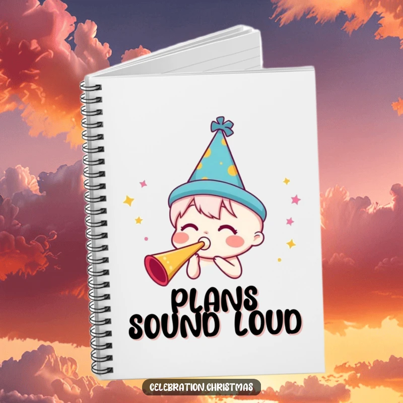 Funny party horn notebook featuring a character in a festive hat blowing a horn, ideal for notes, plans, and brainstorming fun.