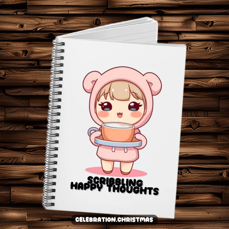 Funny notebook with a cute kawaii character holding a tray of steaming hot cocoa, designed for capturing sweet thoughts with charm.