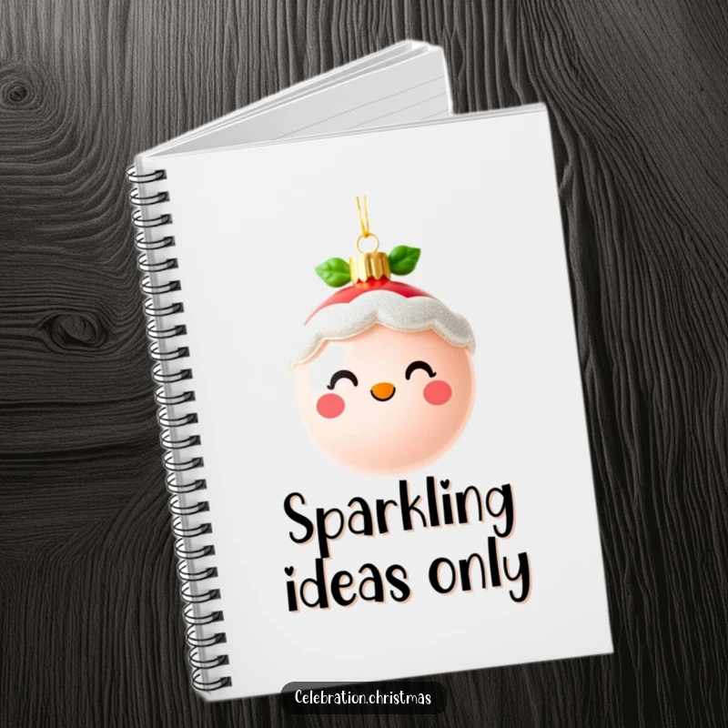 Funny cute Christmas ornament notebook with a cheerful, sparkling face, ideal for notes and a great funny gift.